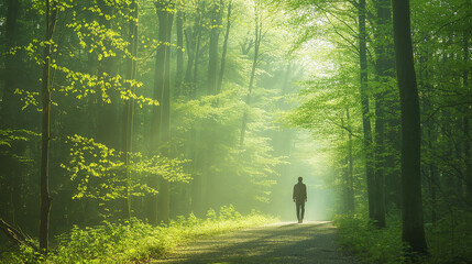 A man walks along a path through a mysterious spring forest, light shining through the young foliage