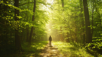 A man walks along a path through a mysterious spring forest, light shining through the young foliage