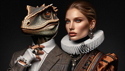 Humanoid dinosaur with renaissance woman 