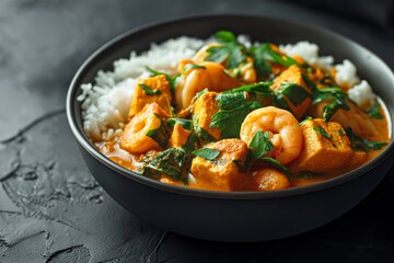 Chicken and prawn curry with sweet potato and rice in a bowl on a black background