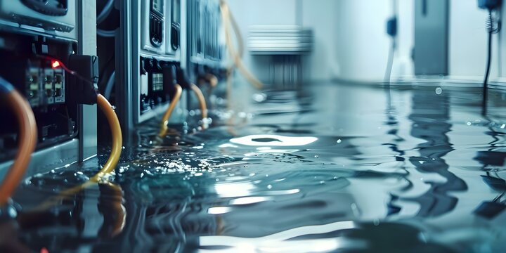 Dealing with Water Damage in Electrical Room: Clearing Flooded Area with Submerged Cables from Snowmelt or Burst Pipe. Concept Water damage restoration, Electrical safety measures