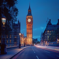 Londons Big Ben, blue hour, wide shot, historic charm for classic city background , high-resolution