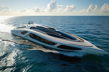 A sizable white boat sailing in the open expanse of the ocean, surrounded by blue waters, A luxury...