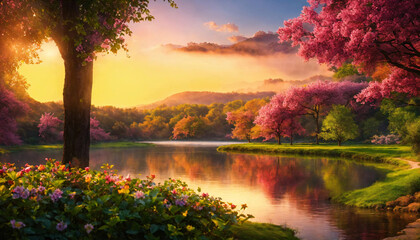 Beautiful evening colorful spring landscape with river and a blossoming pink trees - 770956207