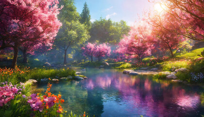 Beautiful colorful sunny spring landscape with rivulet and a blossoming fruit trees. - 770956229
