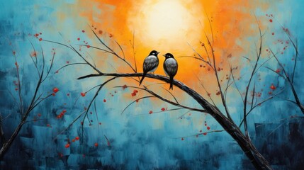 Two starlings sitting on a tree branch on a blue and orange background. The sky is dotted with red dots and there is a yellow sun in the background. - obrazy, fototapety, plakaty