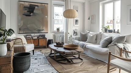 Interior design of living room at nice scandinavian apartment with stylish furnitures and elegant accessories