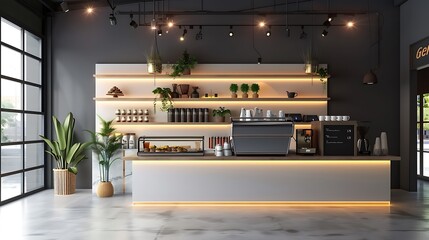 Interior design of luxury modern coffee shop cafe with counter espresso machine cash register cake display beverage fridge