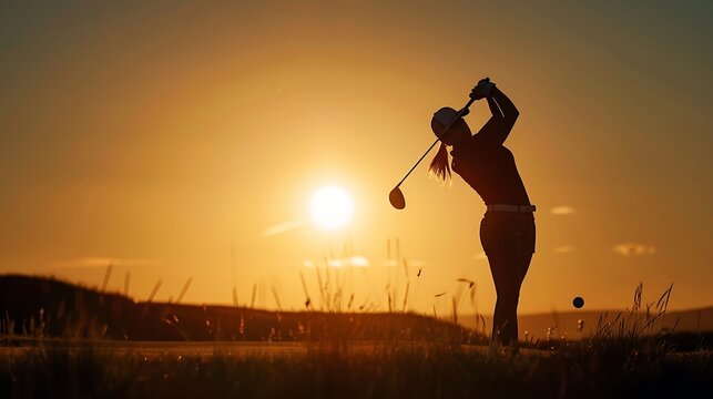 Young junior female golfer practicing to stroke in a golf course ground with the beautiful sun setting scenery nature environment. Golf practicing. Golfing golf course. Generative AI