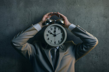 A businessman with a vintage alarm clock with two bells in place of his head, symbolizing countdown, deadline, time management, and punctuality - obrazy, fototapety, plakaty