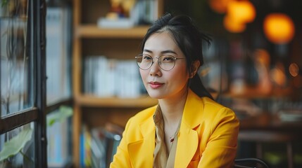 Through the lens of possibility, an Asian entrepreneur's journey unfolds, her yellow suit symbolizing optimism and ambition as she charts her course from her office sanctuary. - obrazy, fototapety, plakaty