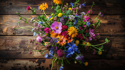 Fototapeta na wymiar Colorful bouquet of wild flowers on wooden table. Summer, birthday, mothers day celebration. Horizontal frame