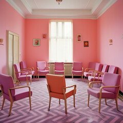 Interior of a pink room with colored chairs armchair
