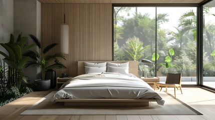 Interior of a modern luxury bedroom with garden view
