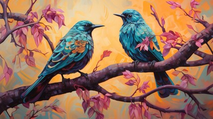 Two colorful starlings sitting on a tree branch with a beautiful background. - obrazy, fototapety, plakaty
