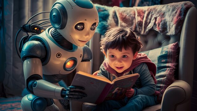 Robot reading book to a boy, futuristic technologies of artificial intelligence