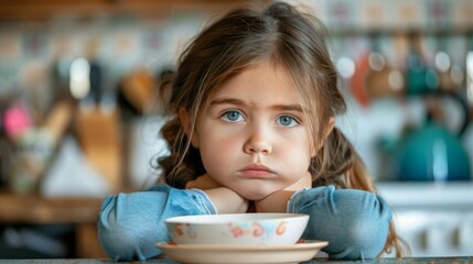 Little Girl Sitting At Table With Arms Crossed - obrazy, fototapety, plakaty