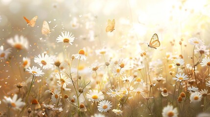 Tranquil chamomile meadow bathed in golden sunlight, with delicate butterflies weaving through the air, painting a serene summer tableau.
