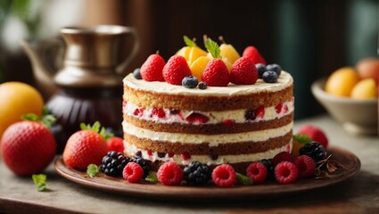 Delicious cake with fruits