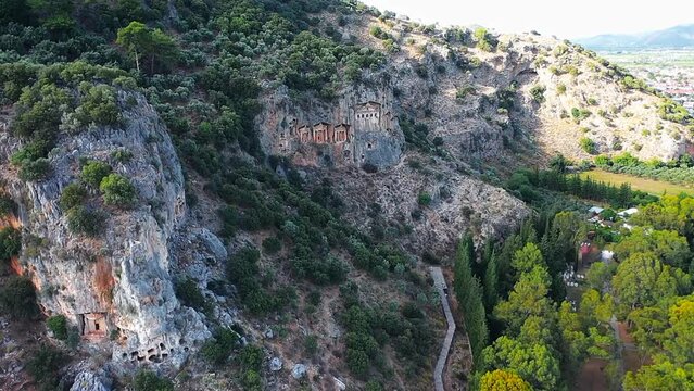 Tombs of the Kings in Koycegiz, Turkey also called Lycian tombs of Caunos. The rock tombs were built during the 4th century BC. They were later, during the Roman Period, still used. Lykian city Kaunos