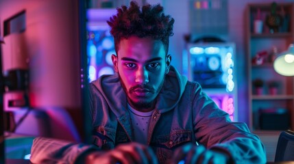 Man Sitting at Table Using Laptop Computer