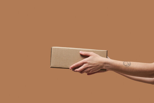 Crop of female hands holding carton package over brown background