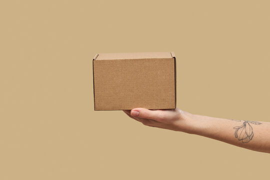 Female hand keeping carton parcel box over beige background