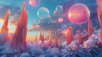 A surreal landscape where colorful, glowing speech bubbles of varying sizes float among towering - obrazy, fototapety, plakaty