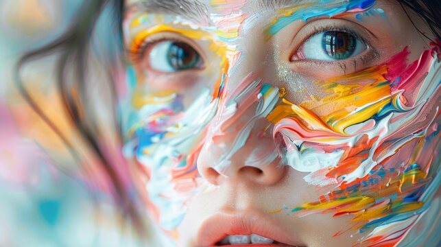 Passionate painter working with bright colors, creating abstract painting