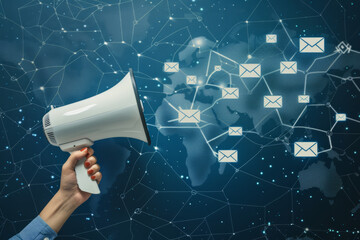 A hand holding a megaphone against an abstract blue backdrop with map and letter icons. Concept of e-mail marketing