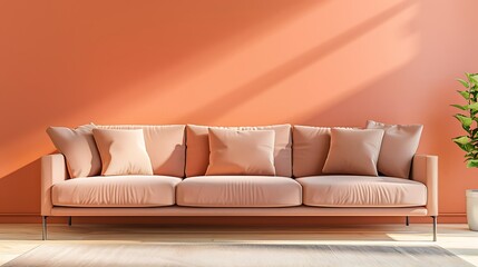 living room in trend peach fuzz color grey sofa with peach color paint wall