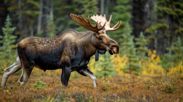 Regal moose strides through dense Canadian forest