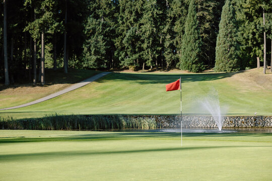 Golf course flag on green.