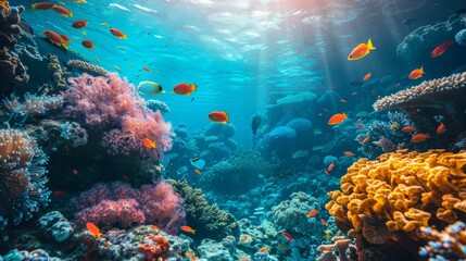 The environment: A coral reef teeming with colorful marine life