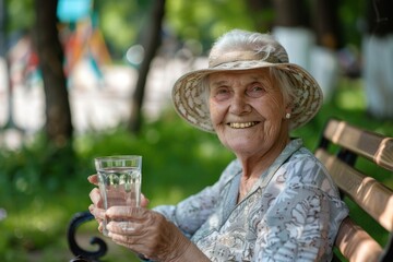 An elderly woman with a glass of water, enjoying the outdoors on a sunny day.