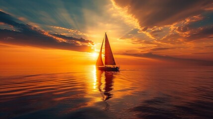 A sailboat is sailing on a calm ocean at sunset. The sky is filled with clouds and the sun is setting, creating a beautiful and serene atmosphere - obrazy, fototapety, plakaty
