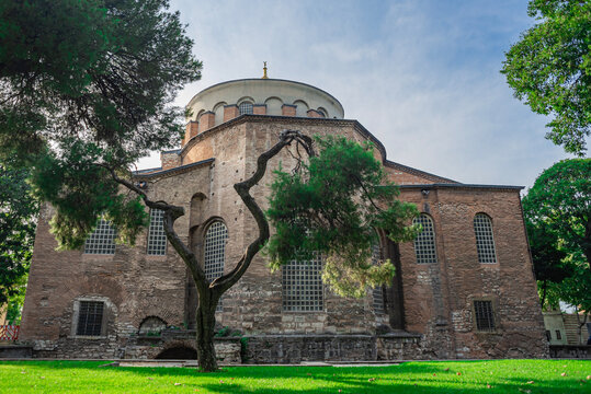 ISTANBUL, TURKEY - AUGUST 8, 2021: Ancient Byzantine Hagia Irene orthodox church in city of Istanbul, Turkey