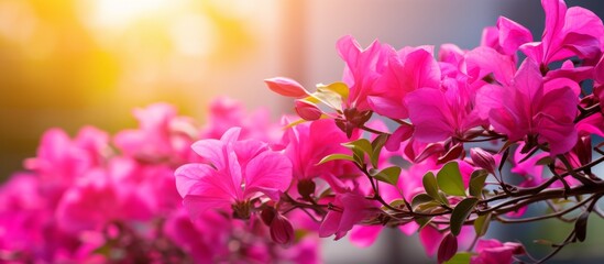 A closeup shot capturing pink flowers blooming on a tree branch, creating a beautiful natural landscape with vibrant magenta petals of the flowering plant