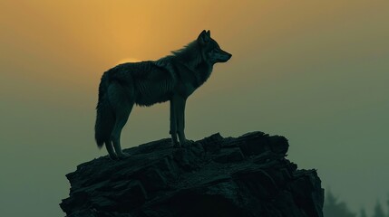 A wolf is standing on a rock at sunset. The sky is dark and the wolf is the only thing visible