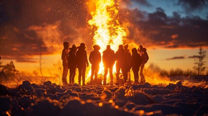 Fototapeta premium A group of people are standing around a fire, with the sun setting in the background. Scene is warm and inviting, as the group of people seem to be enjoying each other's company