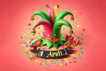 jester's hat on 1 april with confetti color background