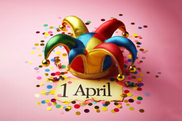 jester's hat on 1 april with confetti color background - obrazy, fototapety, plakaty