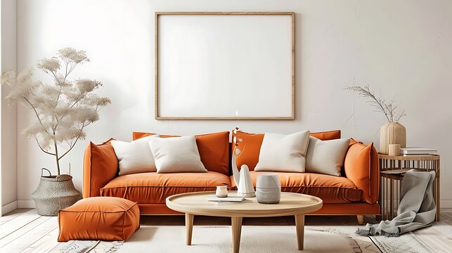 living room interior with mock up poster frame orange sofa beige commode coffee table and stylish personal accessories