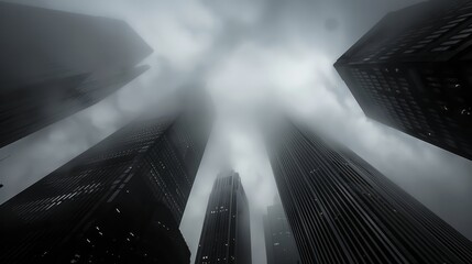 A city skyline with a cloudy sky above it. The buildings are tall and the sky is overcast - obrazy, fototapety, plakaty