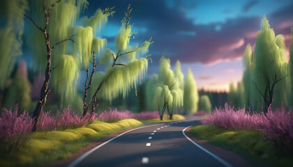 Beautiful nature with flowering willow branches and forest road 4