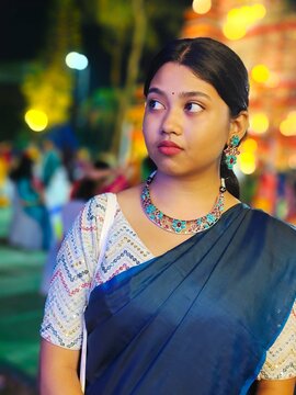 Portrait of an Indian teenage girl wearing traditional sari dress