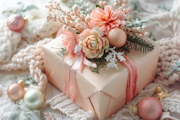 a festive arrangement with a gift box and flowers in pastel colors. congratulations, a postcard.