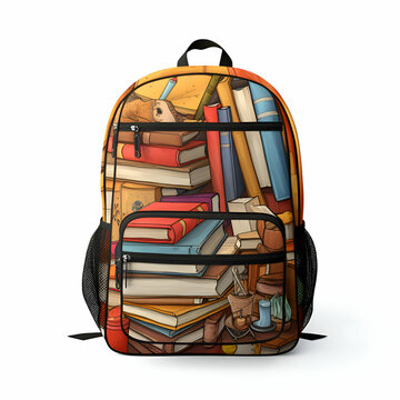 Backpack with books isolated on white background. 3D illustration.