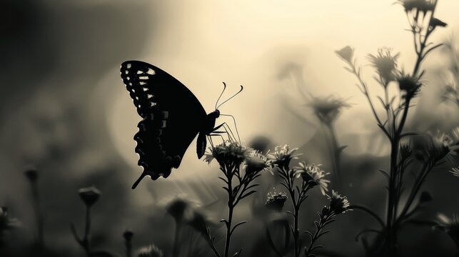A butterfly is perched on a flower in a field. The image has a serene and peaceful mood, as the butterfly is the only living thing in the scene