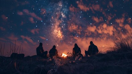 A group of people are sitting around a fire in the woods. The sky is filled with stars and the atmosphere is peaceful and serene